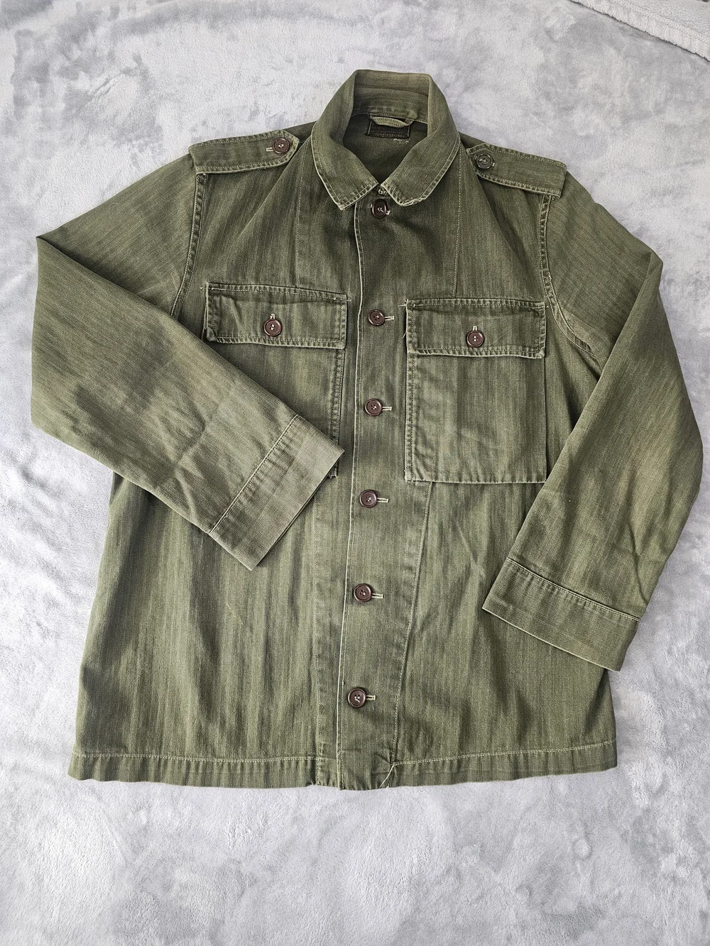 Vintage 1959 Dutch Army HBT Jacket - Reworked Upcycled Folk Floral Cross-Stitch